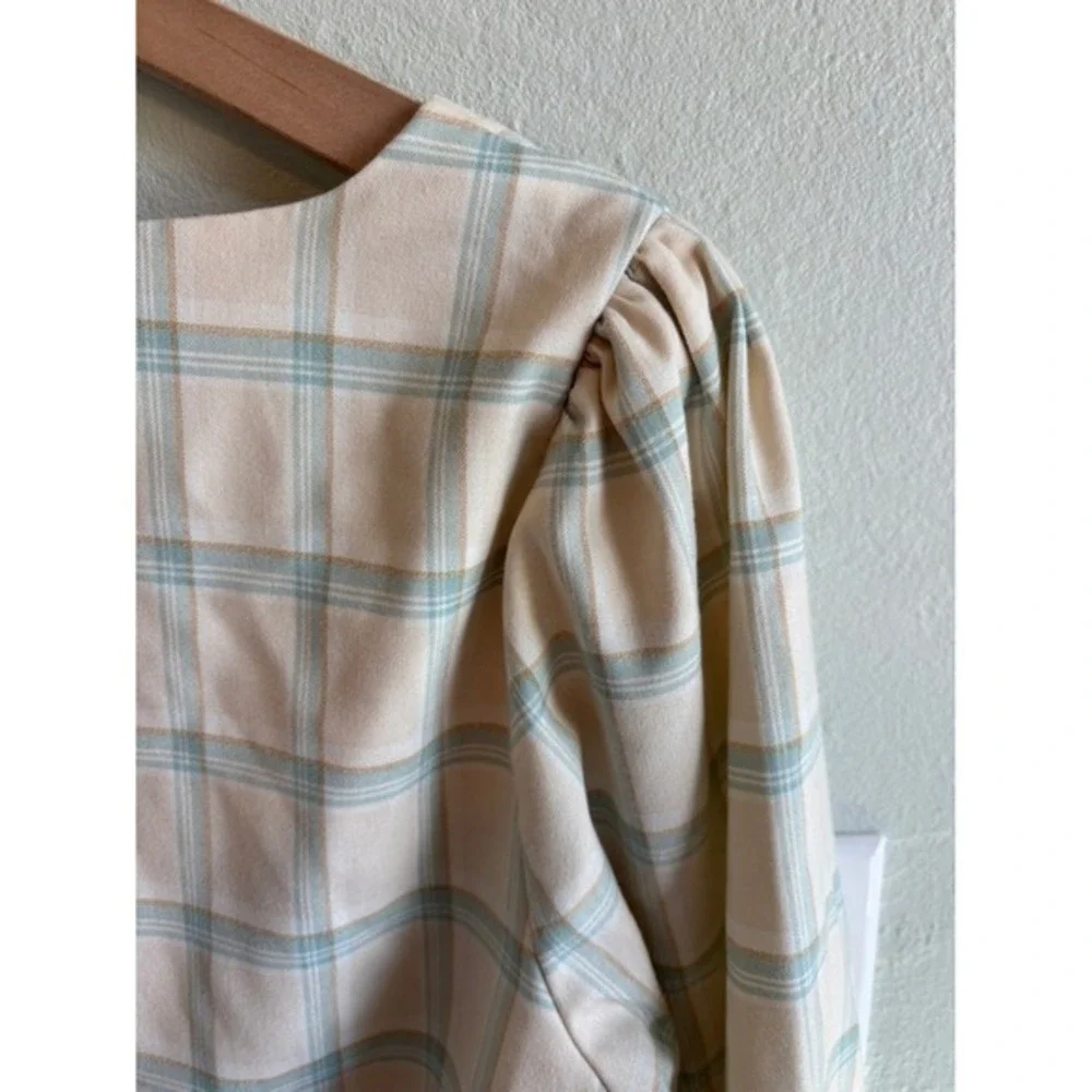 Greylin Cream Mint Plaid Square-Neck Crop Blouse Top M Light Academia Office - Picture 8 of 8